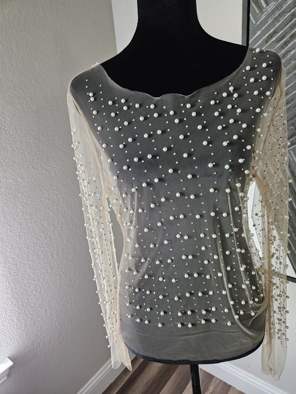 Beaded Sheer Long Sleeve Top in Nude with White Pearls